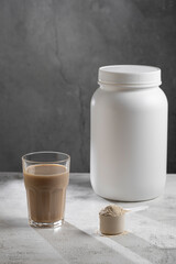 Protein shake. Chocolate flavored protein powder, dietary supplement.