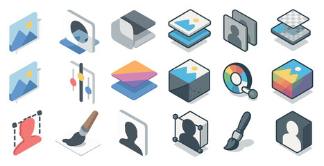 Photo editing isometric icons set – 3d, design, digital art tools