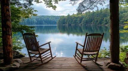Tranquil lake view from rocking chairs