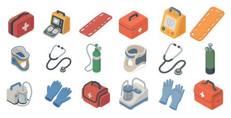 Obraz premium Medical and emergency isometric icons set – health, first aid, safety symbols