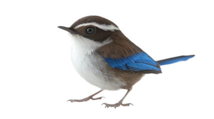 A small blue tit with vibrant feathers perched on a twig, isolated against a white background