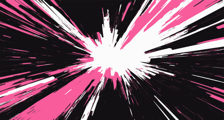 Bold and energetic abstract anime background, with sharp streaks of pink, white, and black radiating from the center, creating a sense of speed and striking motion. © local_doctor