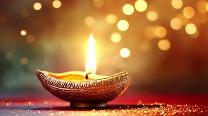 A traditional oil lamp with intricate carvings glows brightly on a festive red surface, surrounded by warm golden bokeh. The flame radiates serenity and cultural elegance. - Powered by Adobe
