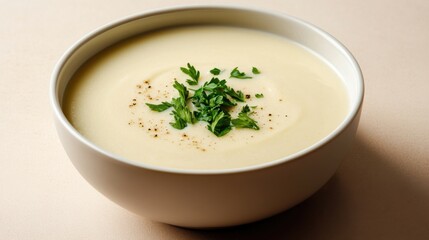 A delicious creamy white soup sits in a round bowl, topped with fresh green herbs and a sprinkle of black pepper. The smooth texture and inviting aroma make it an appealing dish