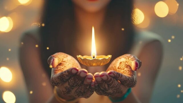 A woman&rsquo;s henna-adorned hands gently hold a glowing diya lamp, radiating warm light and symbolizing celebration. The soft bokeh lights evoke a serene and festive Diwali atmosphere.