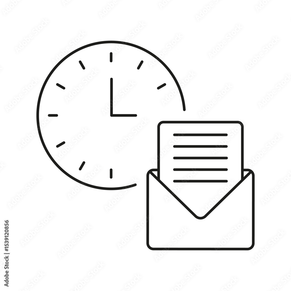 Poster clock with envelope line icon. scheduled email, time management, and communication planning outline 