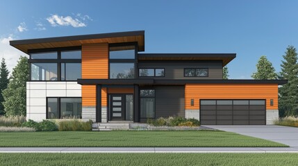 Contemporary modern home design with orange accents.
