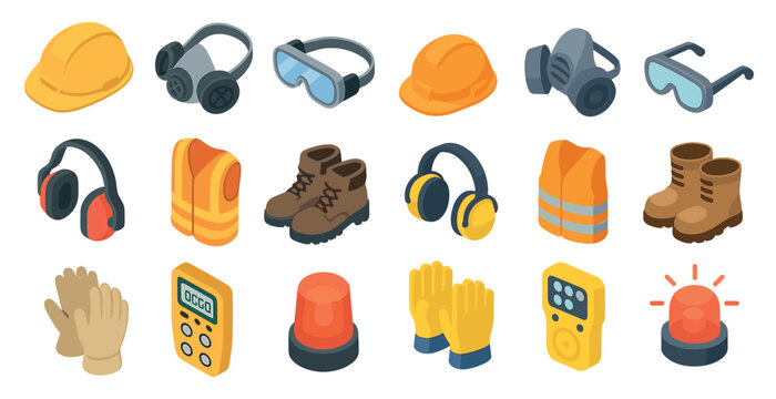 Construction safety isometric icons set – 3d, protective, equipment symbols