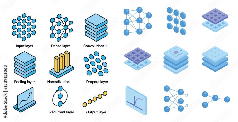 Poster neural network icons set – 3d, outline, ai and machine learning symbols
