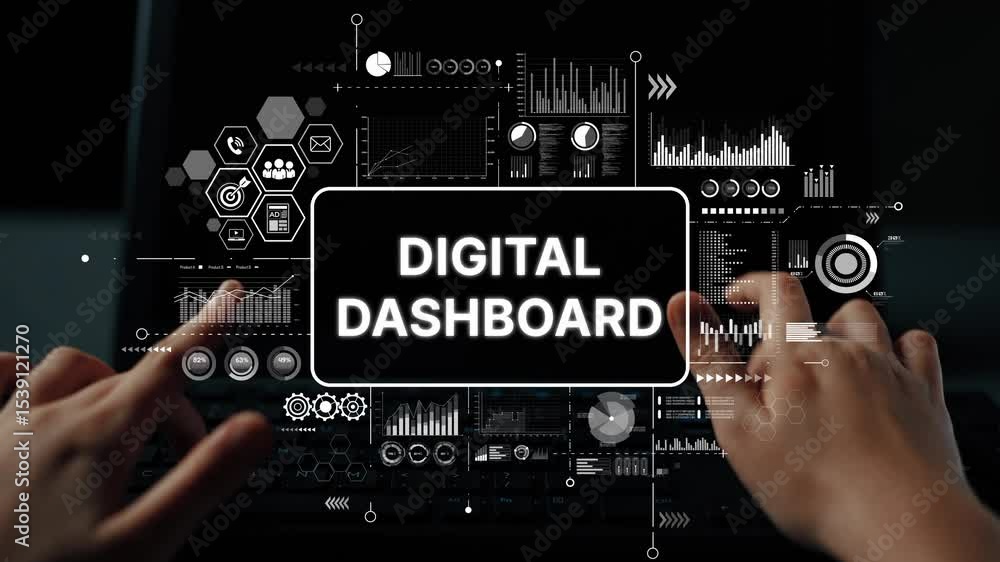 Poster Hands Interacting with a Digital Dashboard Interface Featuring Data Analytics and Visualization Elements. Asymptotic smart data analytic.