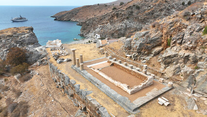 Aerial drone photo of archaeological seaside site of ancient Karthaia featuring Doric temple of Pythian Apollo, theatre and crystal clear beach of Polles in island of Kea, Aegean Sea, Cyclades, Greece