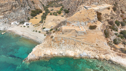 Aerial drone photo of archaeological seaside site of ancient Karthaia featuring Doric temple of Pythian Apollo, theatre and crystal clear beach of Polles in island of Kea, Aegean Sea, Cyclades, Greece