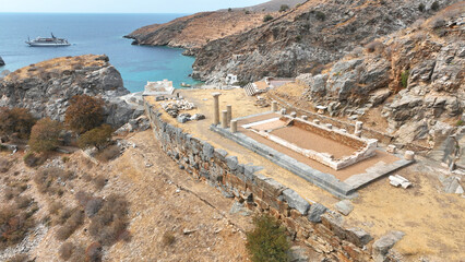 Aerial drone photo of archaeological seaside site of ancient Karthaia featuring Doric temple of Pythian Apollo, theatre and crystal clear beach of Polles in island of Kea, Aegean Sea, Cyclades, Greece