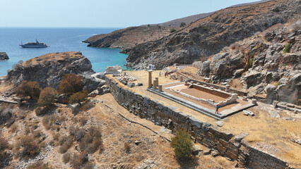 Aerial drone photo of archaeological seaside site of ancient Karthaia featuring Doric temple of Pythian Apollo, theatre and crystal clear beach of Polles in island of Kea, Aegean Sea, Cyclades, Greece