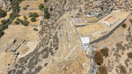 Aerial drone photo of archaeological seaside site of ancient Karthaia featuring Doric temple of Pythian Apollo, theatre and crystal clear beach of Polles in island of Kea, Aegean Sea, Cyclades, Greece