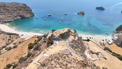 Aerial drone photo of archaeological seaside site of ancient Karthaia featuring Doric temple of Pythian Apollo, theatre and crystal clear beach of Polles in island of Kea, Aegean Sea, Cyclades, Greece