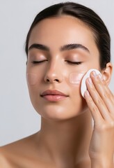 Woman applying a moisturizing gel mask to her face with a cotton pad. Hydrating facial treatment for perfect skin. Skincare and cosmetology beauty procedure at a spa