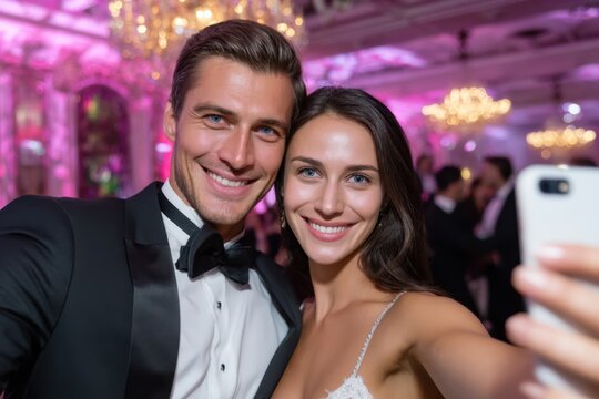 Young couple enjoying a celebration while taking a selfie at an elegant event venue