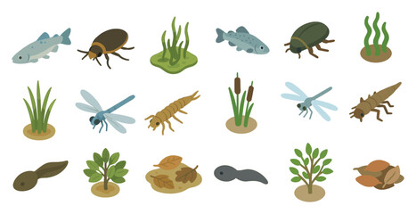 Fototapeta premium Nature and wildlife isometric icons set – plants, insects, aquatic life symbols