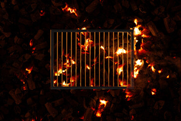 Steel grill grate over fire and charcoal. 3D Rendering