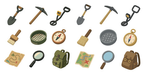 Archaeology and exploration icons set – isometric, flat, discovery and tools symbols