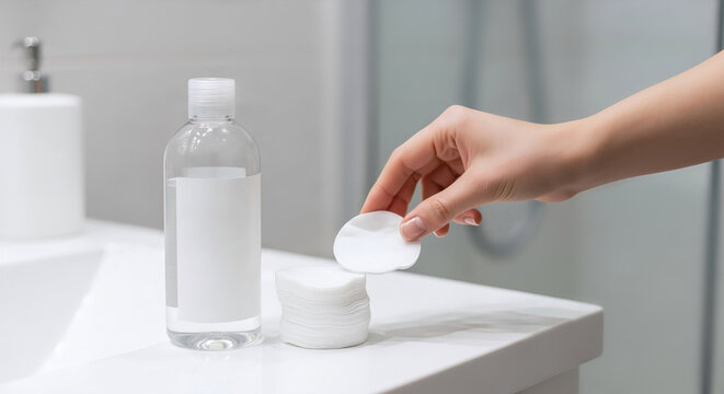 Hand taking a cotton pad from a stack in the bathroom. Bottle of toner or micellar water for a daily skincare routine. Beauty and hygiene concept at home