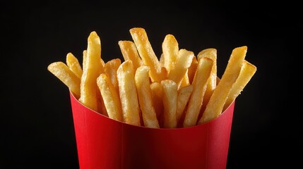 Crispy golden french fries in red carton