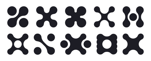 Abstract metaball figures. Metaball dot shapes, y2k connected round blobs icons flat vector illustration set. Liquid molecule shapes on white