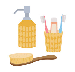 Bathroom care products. Beauty tooth and skincare, organic soap or lotion, tooth paste tubes and hair brush flat flat vector illustration. Cartoon bathroom elements
