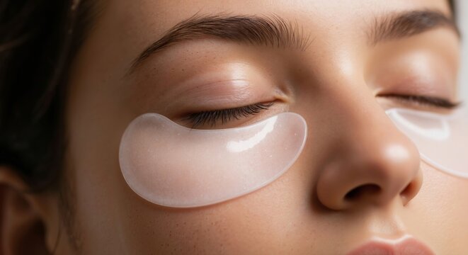Woman's face with hydrogel patches under her eyes. Macro shot of an anti aging beauty treatment. Skincare concept for dark circles and wrinkles rejuvenation