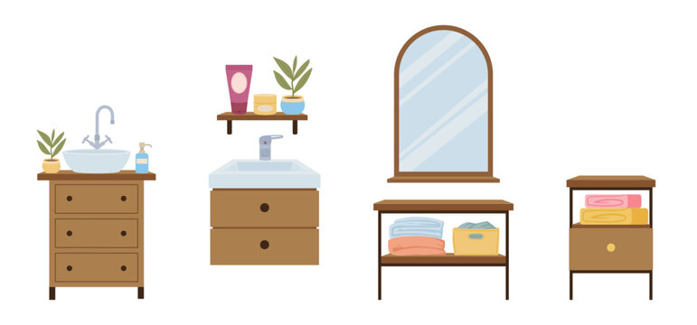 Bathroom furniture. Modern bathroom sink, towels, bath textile stand and mirror, bathroom interior elements flat vector illustrations set. Cartoon bathroom furniture
