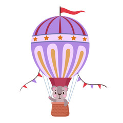 Cute koala flying on hot air balloon. Flying hot air balloon with animal on board flat vector illustration. Koala character flying on retro air transport