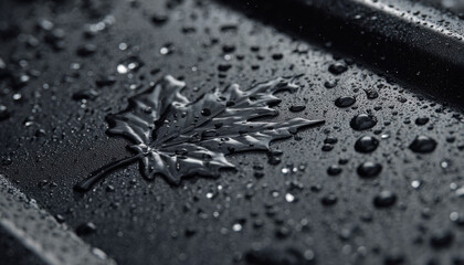 Rain droplets gather on a smooth black surface, highlighting a detailed maple leaf imprint; a moment of tranquility in a rainy setting
