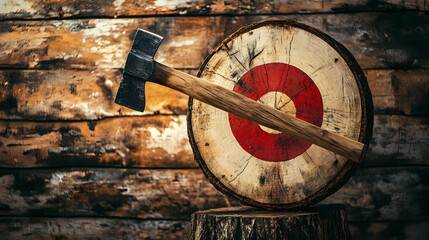 Axe with wooden handle targeting center of makeshift bullseye on rustic backdrop