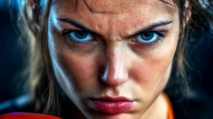 Intense female boxer focused on punching with red gloves in motion sequence - Powered by Adobe