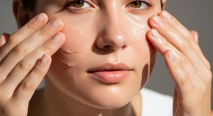 Woman applying a transparent moisturizing gel to her face. Extreme closeup of a beauty skincare routine. Macro shot of a hydrating facial treatment for perfect skin