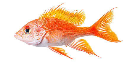 Fototapeta premium Golden goldfish swimming underwater, isolated on a white background