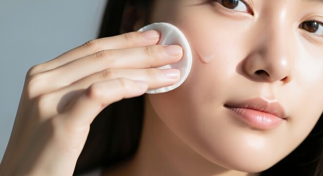Asian woman applying lotion on her face with a cotton pad. Extreme closeup of a beauty skincare routine. Macro shot of a gentle facial treatment process - Powered by Adobe