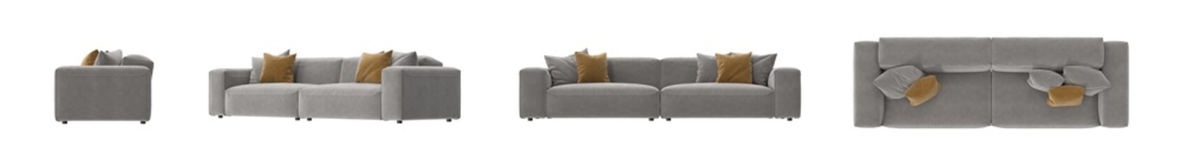 gray velvet modular sofa furniture multiple view isolated