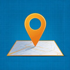 Fototapeta premium Map and pin pointer location, search travel navigation GPS concept. Minimal paper map and orange color navigator locator position point on blue background. 3d illustration 