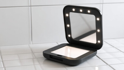 A black compact mirror with LED lights is open on a tiled bathroom counter, providing bright illumination for convenient makeup application