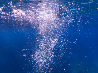 Bubbles under the sea in the crystal clear green sea water. Mediterranean sea bubbles, Air bubbles...