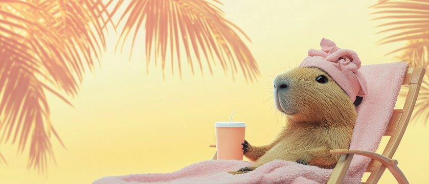 Capybara relaxing on a wooden chair wrapped in a pink towel with a matching head wrap, holding a drink against a sunset yellow backdrop