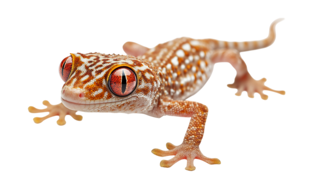 Closeup of a spotted leopard gecko, a small reptile with striking yellow and brown patterns, isolated on a white background