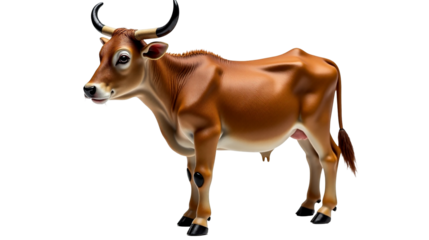 Miniature zebu cow stands in a sunny pasture showcasing its small stature and expressive features