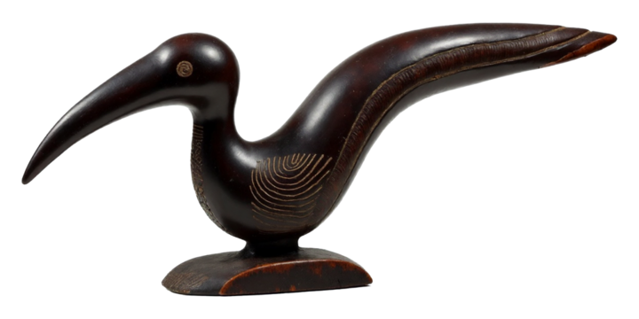 Senufo bird sculpture showcases abstract design and elongated features carved from dark wood, reflecting the artistry and culture of the Senufo people