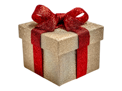 Close up of a glittery gold gift box with a red glittery bow on a white or transparent background studio shot