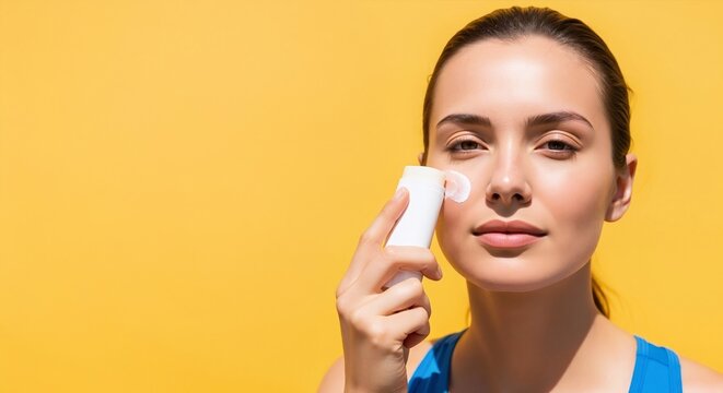 Woman applying sunscreen stick to her face for uv protection. Daily skincare routine with spf cream. Beauty concept on yellow background with copy space and banner