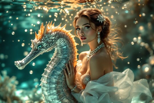A whimsical scene of a mermaid gracefully riding a seahorse through a surreal aquatic world. A blend of fantasy and wonder, capturing the spirit of ocean magic in a moment frozen between myth and moti