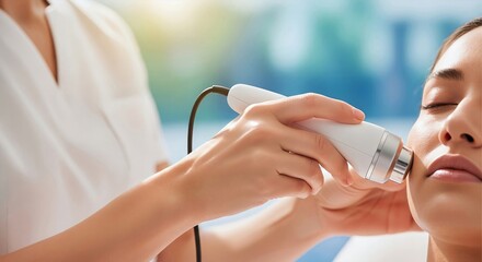 Woman receiving a hardware facial treatment in a beauty clinic. Cosmetologist using a professional device for skin rejuvenation, lifting and anti aging therapy